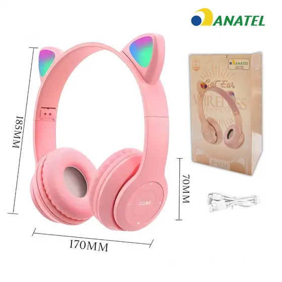 Fones de ouvido de gato com LED sem fio Bluetooth para gatinhos ming