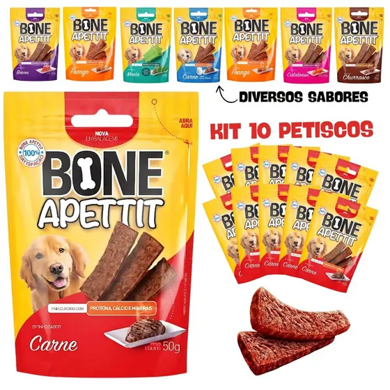Kit 10 Petiscos para Cachorro Pet Bifinho Bone Apettit 50g