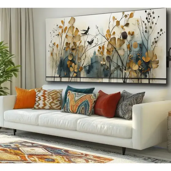 Quadro Decorativo 120x60 recepção Sala Elegante Moderno Grande colorido decoração folhas