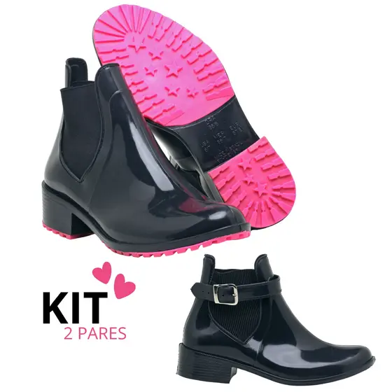 Kit Bota Galocha Feminina Impermeável Confortável Frio e Chuva