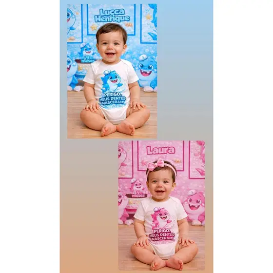 Body Primeiro Dentinho bebê Body Temático Dentinho Body Personalizado Perigo Nasceram meus Dentinhos Body Tubarão Bebê