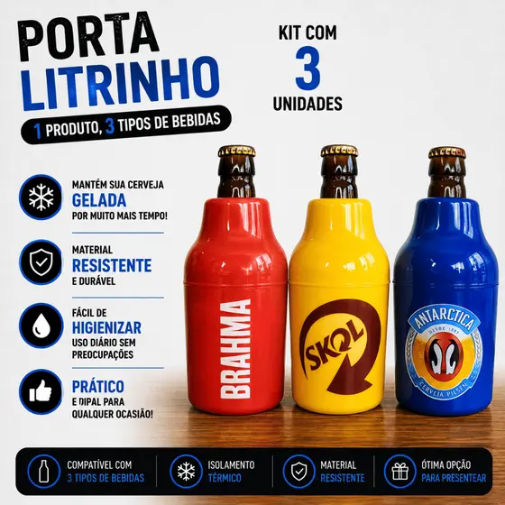 3 Porta Lata Litrinho e Long Neck Suporte Garrafa 300ml Térmico Novidade Bares