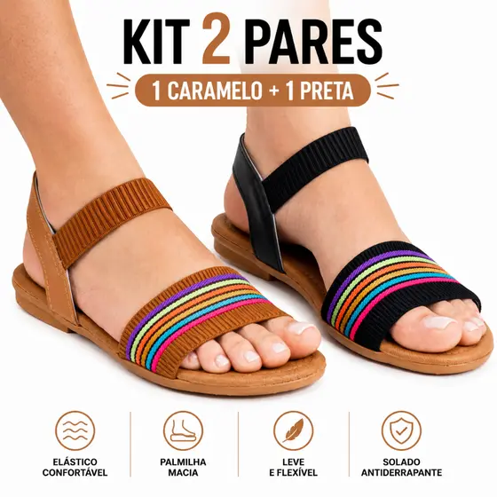 Kit Combo 2 Sandália Feminina Elástico Rasteirinha Calce Fácil Leve Rasteira Confort Antiderrapante