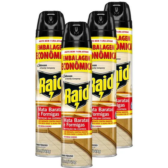 Kit 4 Mata Baratas e Formigas Raid Aerossol Tripla Ação Base Água 420ml