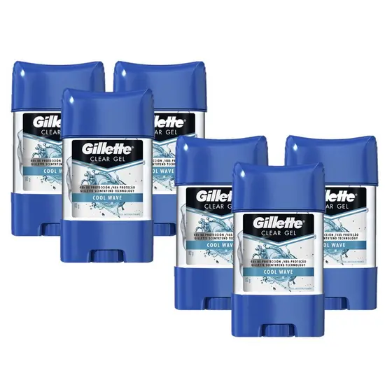 Kit com 6 Desodorantes Gillette Antitranspirante Clear Gel Cool Wave 82g