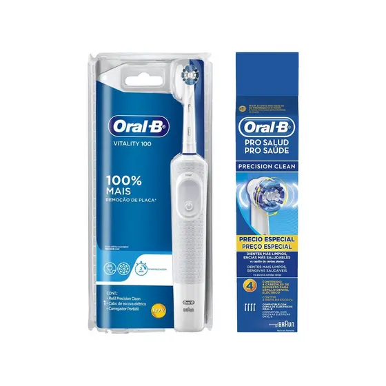 Kit Escova Elétrica Oral-B Vitality D12 110v + Refil Escova Elétrica Oral-B Precision Clean c/ 4 unidades Premium