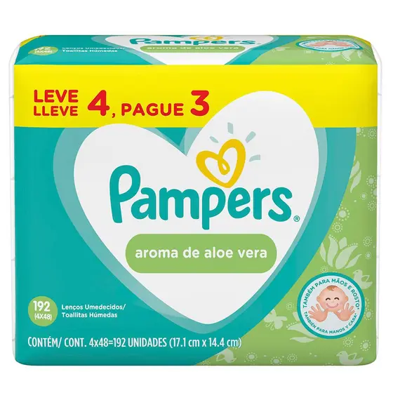 Lenços Umedecidos Pampers Aloe Vera Leve 4 Pague 3 com 192 unidades