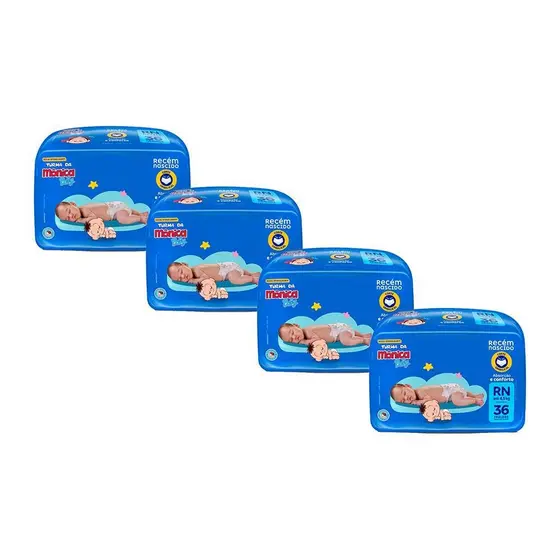 Kit 4 Fraldas Turma da Mônica Baby Jumbo RN com 36un cada