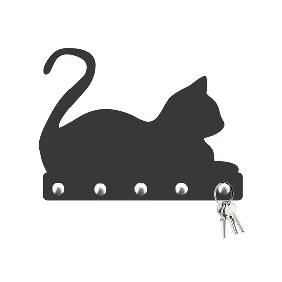 Porta Chaves Gato Deitado Decorativo de Parede em MDF 3mm Preto Fosco