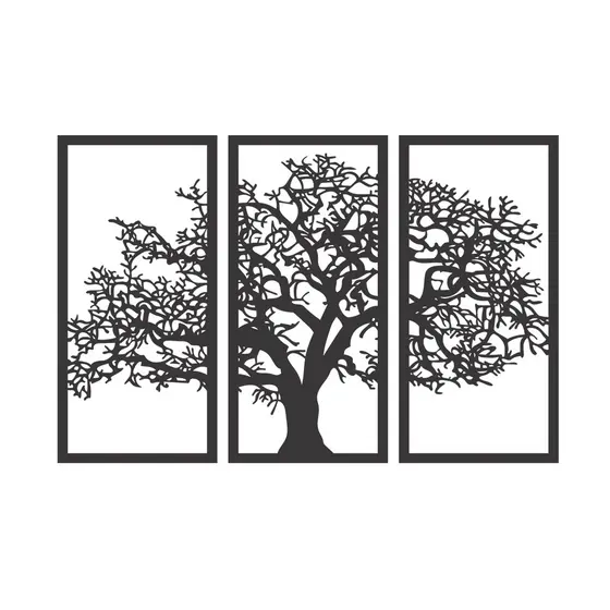 Quadro Decorativo Árvore da Vida 3 Peças C/ Dupla Face 3M em MDF Vazado de 3mm Preto