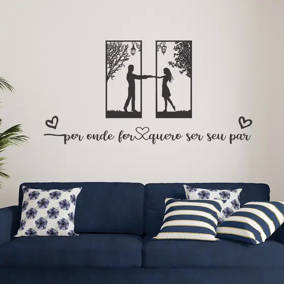 Quadro Casal Cabeceira + Frase Por Onde For Quero Ser Seu Par + 2 Apliques Coração em MDF Decorativo c/ Fita Dupla Face