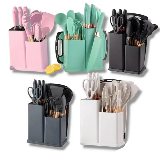 Kit Conjunto Utensilios Para Cozinha 19 Peças Completo Jogo De Talheres + Faca +Tábua
