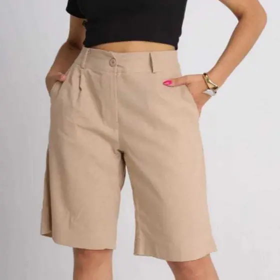 Bermuda Feminino Social LInho Alfaiataria Rústico Elegante com Bolso Tendência Short