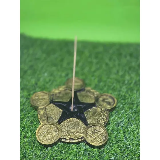 Porta Vela e Incenso Pentagrama em Resina 18 cm Decoração Base Prata com Preto