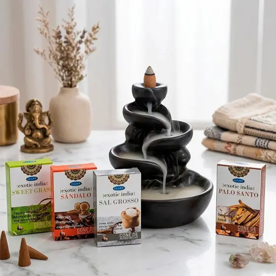 Kit com 12 CX Incensos Cascata Indiano Premium BackFlow  - 3 Palo Santo, 3 Sal Grosso, 3 Sweet Grass, 3 Sândalo