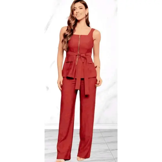L158 Body Conjunto Feminino Marrant Colete com Ziper cinto  e Calça