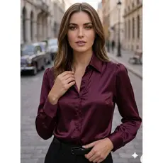 L213 662 Camisa Feminina Cetim com Mangas Longas em Tecido Suave