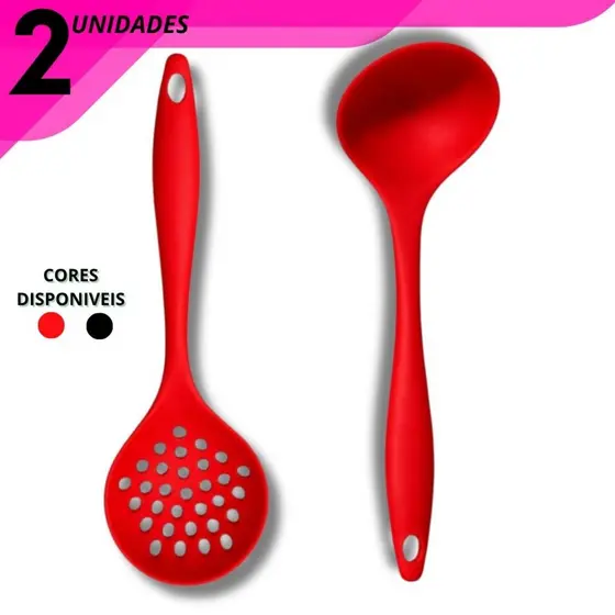 Concha e Escumadeira Kit Peças em Silicone para Cozinha – Duráveis nas Cores Preto/Vermelho