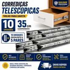 10 Corrediças Telescópicas Trilho Gaveta Guarda Roupa 35 Cm