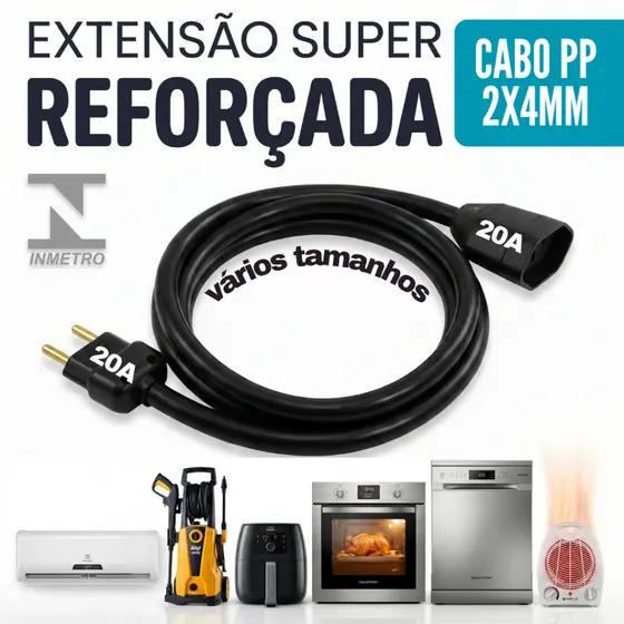 Extensão Grossa 20A Cabo PP 2X4mm - 1 a 10 Metros | Air Fryer, Aquecedor, Forno, Lava Louças, Microondas, Wap | Bivolt