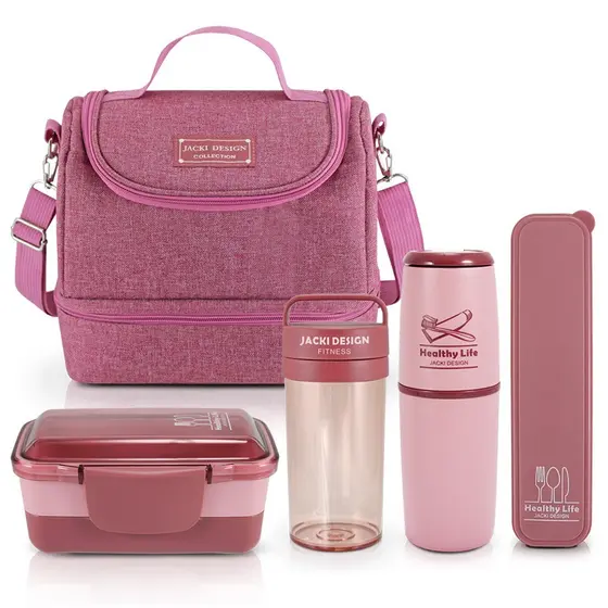 Kit de Bolsa Térmica c/ 2 Compartimentos, Copo e Marmita, Porta Talher e Porta Escova