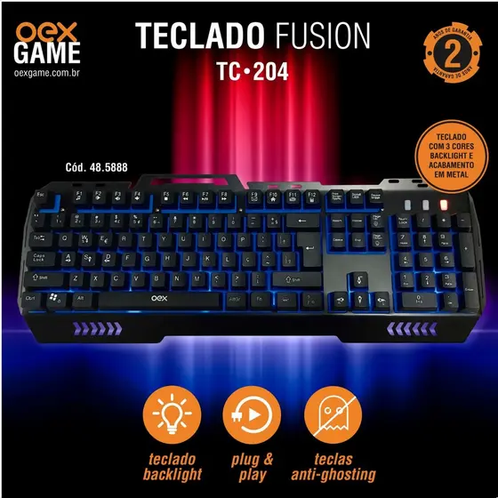 Teclado Gamer Fusion Oex Game TC204 ABNT2 LED 3 Cores Preto