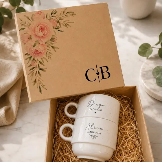 Kit 2 Xícaras + Caixa MDF Personalizadas Para Padrinhos de casamento,dindos,pais dos noivos,madrinha