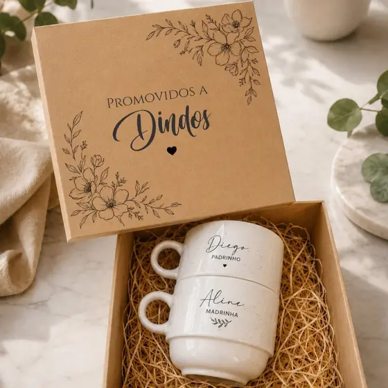 Kit 2 Xícaras e Caixa MDF Personalizadas Para Padrinhos de casamento,dindos,pais dos noivos,madrinha