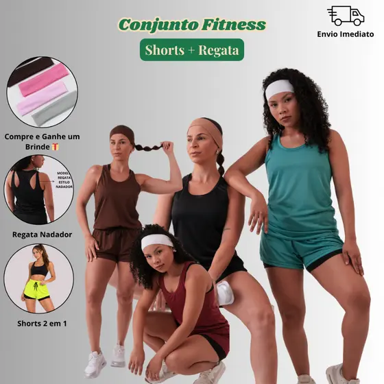 Conjunto Feminino Academia Short 2em1 com Bermuda compressão e Regata Nadador pra Exercício e Treino