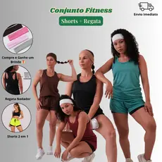 Conjunto Feminino Academia Short 2em1 com Bermuda compressão e Regata Nadador pra Exercício e Treino