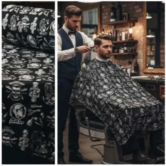 TECIDO CREPINHO BARBEIRO PROFISSÃO BARBEARIA PENTES E NAVALHAS PARA CONFECÇÃO DE VESTIDOS, SAIAS, BLUSAS, ETC