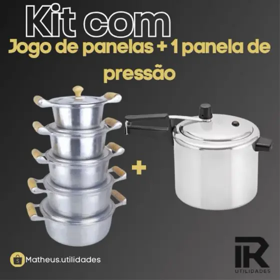 Promoção Jogo de Panelas 5 Caçarolas Alumínio Batido e Fundido Panela Minas Asa de Madeira + Panela de Pressão 4,5