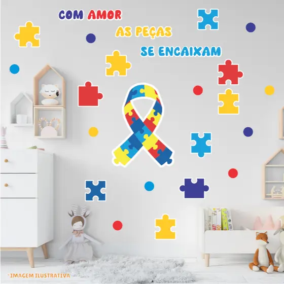 Papel de Parede Adesivo Decoração Inclusão Social Neurodiversidade - RECORTE - AUTISMO QUEBRA CABEÇA 02