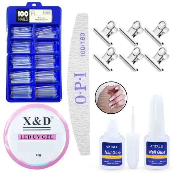 Kit Manicure Alongamento De Unha 100 Tips Postiça Curva C Cola Pincel 1x lixa 100 180 Gel Unha 15ml