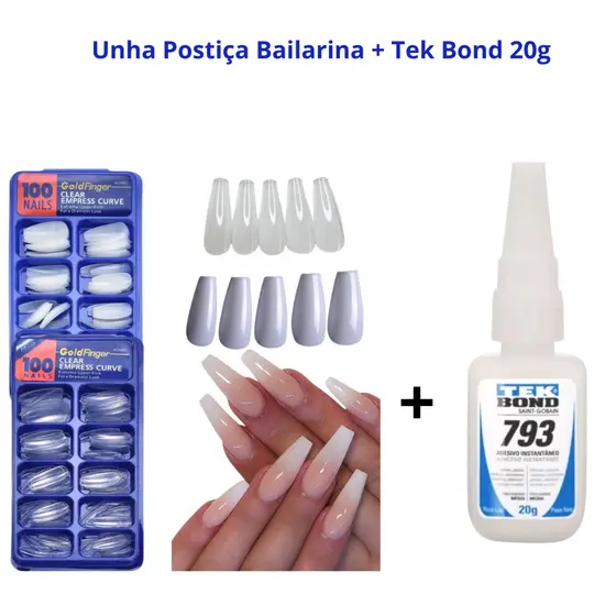 Kit 100 Unhas Postiças BAILARINAS Natural Realista + Cola Tek Bond 793 20g