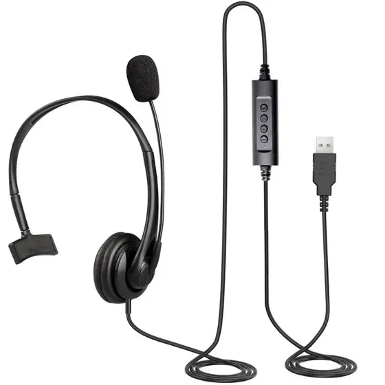 Fone de ouvido headset callcenter secretária com entrada usb, cancelamento de ruido, botões volume pause e play