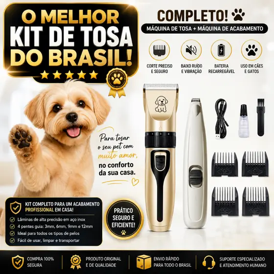 Kit Maquina Tosador + Acabamento Pet Cachorros Caes E Gatos
