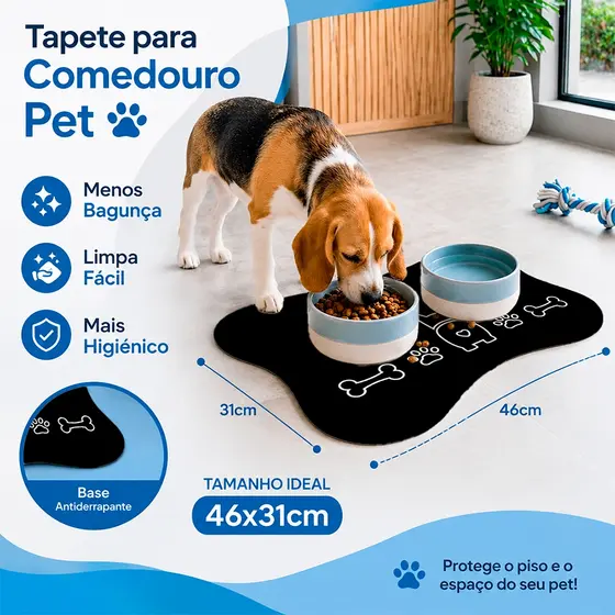 Tapete para Comedouro Pet Ossinho Impermeável Cachorro e Gato 46x31 Antiderrapante