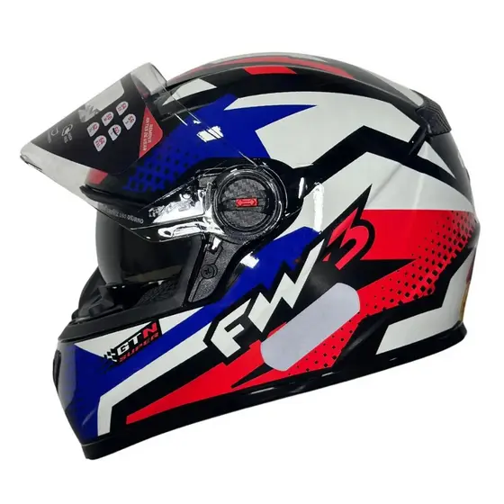 Capacete fechado Fw3 Gtx Super Vermelho com azul e branco com óculos interno + brinde