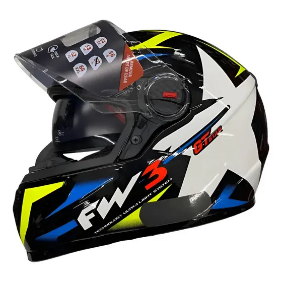 Capacete fechado FW3 GTX Star Preto brilhante Azul Amarelo estrela com óculos interno + brinde