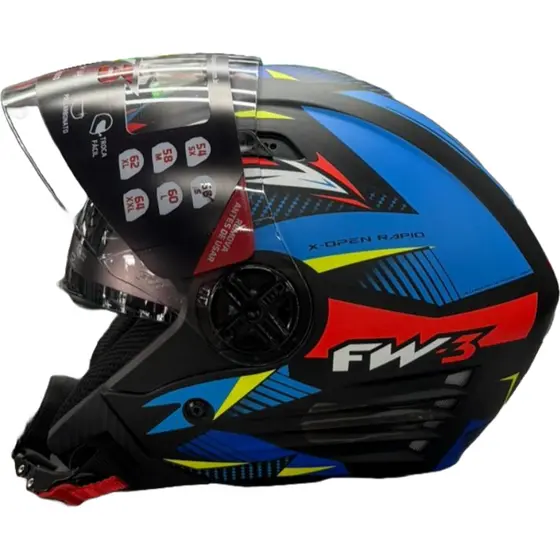 Capacete aberto Fw3 X open UP Rapid Azul com amarelo Fosco com óculos interno modelo AGV + brinde