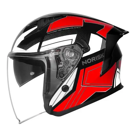 Capacete aberto Norisk Downtown2 Provenza Preto Vermelho com óculos interno + brinde