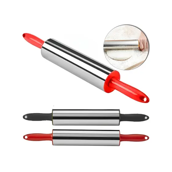 Rolo de Massa DANTAS Inox Giratório Cabo Plástico 36cm Abridor de Massa Confeitaria Pizza Pastel Cozinha