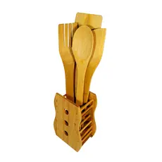 Kit 5 Utensílios de Madeira DANTAS Bambu com Suporte Espátula Garfo Colher Concha Cozinha Antiaderente Ecológico