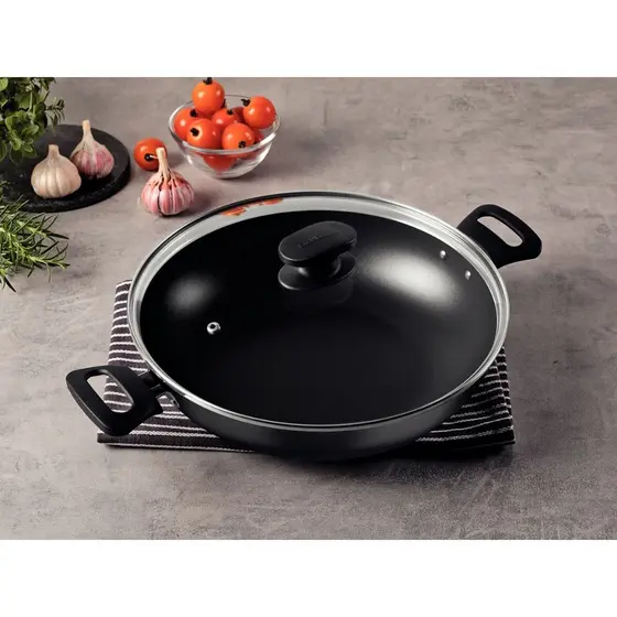 Panela Wok Tampa de Vidro Tramontina Alumínio Antiaderente Grafite 28cm 3,3L