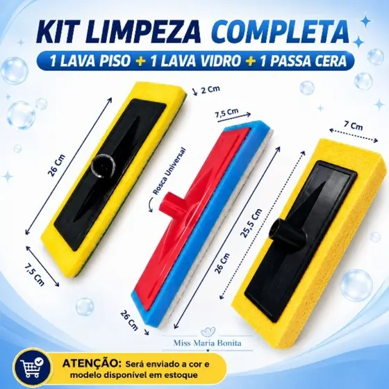 Kit Limpeza Completa 1 Lava Pisos + 1 Lava Vidro + 1 Passa Cera Limpeza Completa Chão Azulejos Piscinas Box Banheiros