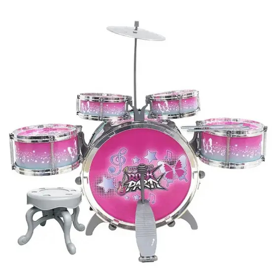 Bateria Rock Party Instrumento Infantil Rosa C/ Banco Pedal