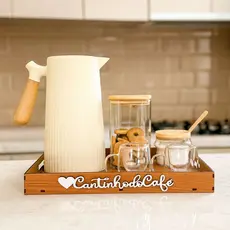 Kit Bandeja Cantinho do Cafe Cha Com Alças + 4 Peças Apliques Quadro Para Decoração Escritório Mdf