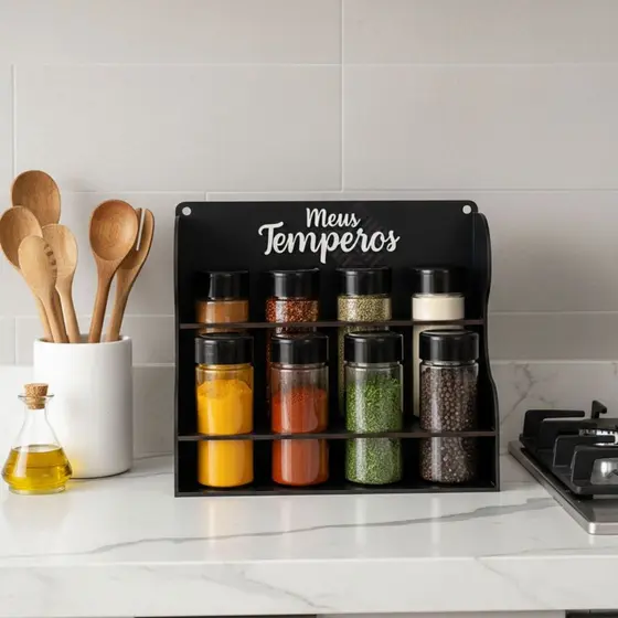 Porta Temperos 8 Potes Premium Mesa Parede em Mdf Pintado Pote Tempero Condimentos Mantimentos