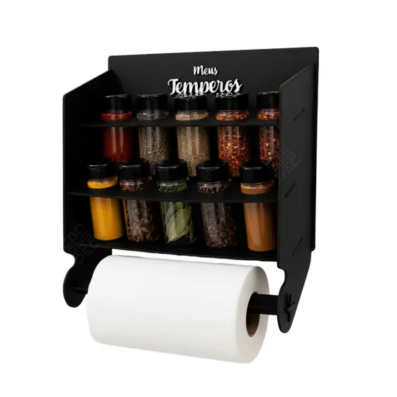 Suporte Tempero Kit 10 Potes + Adesivos Condimentos Porta Papel Toalha Giratório Para Parede Cozinha